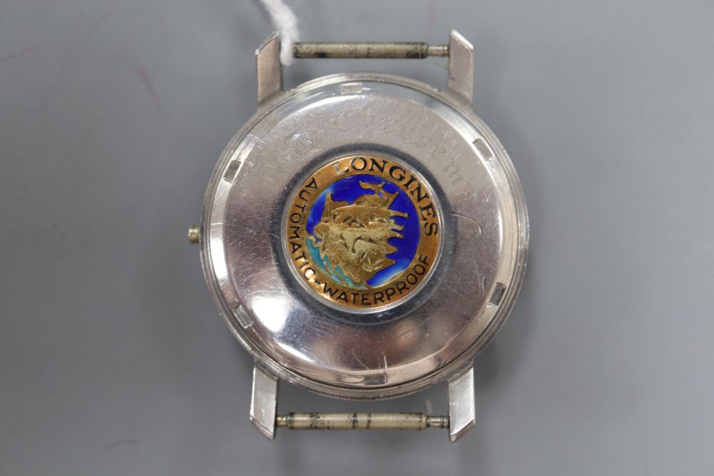 A gentlemans stainless steel Longines Flagship automatic wrist watch, no strap, case diameter 36mm, no winding crown.